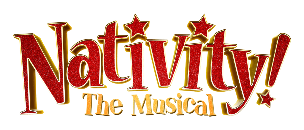 The words 'Nativity! The Musical' Nativity! is in glittered red, and The Musical is in glittered yellow
